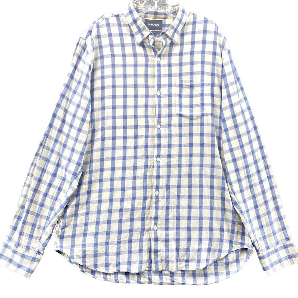 Bonobos Shirt Men's XL White Blue Check Button Up Long Sleeve Slim Preppy Casual